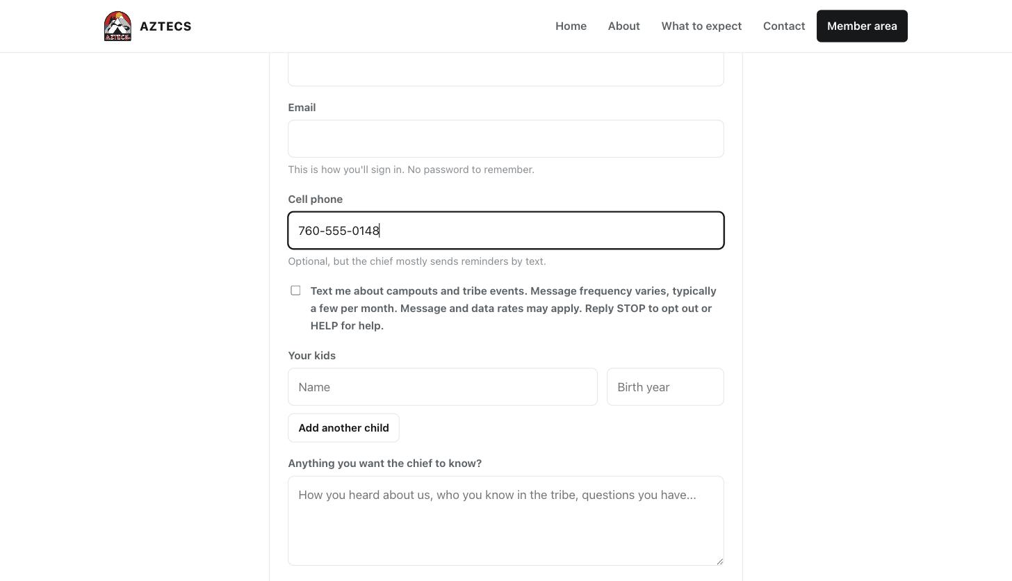 Screenshot of the opt-in checkbox on the Aztecs Camping Group website
